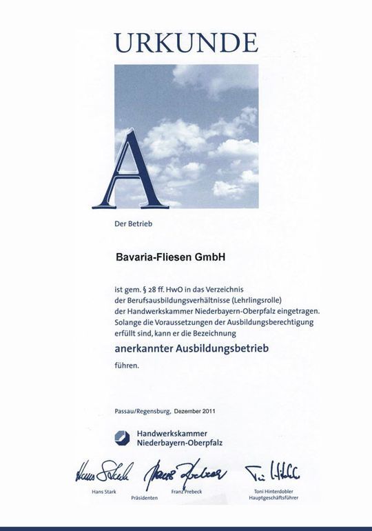 Urkunde Handwerkskammer Niederbayern-Oberpfalz — anerkannter Ausbildungsbetrieb