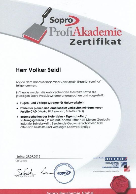 Sopro ProfiAkademie Zertifikat Naturstein-Expertenseminar