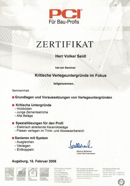 Zertifikat PCI — kritische Verlegeuntergründe