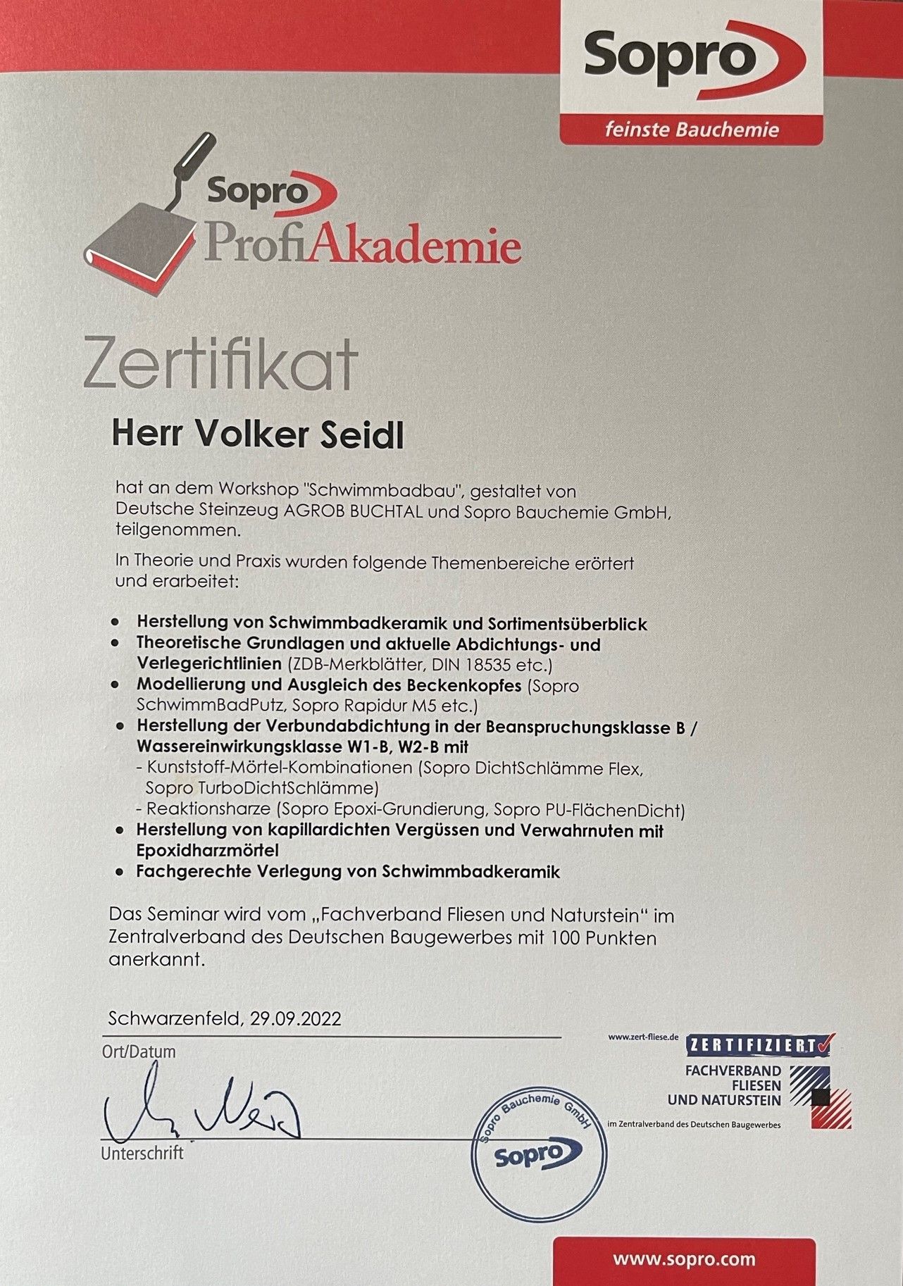 Sopro ProfiAkademie Zertifikat Schwimmbadtechnik
